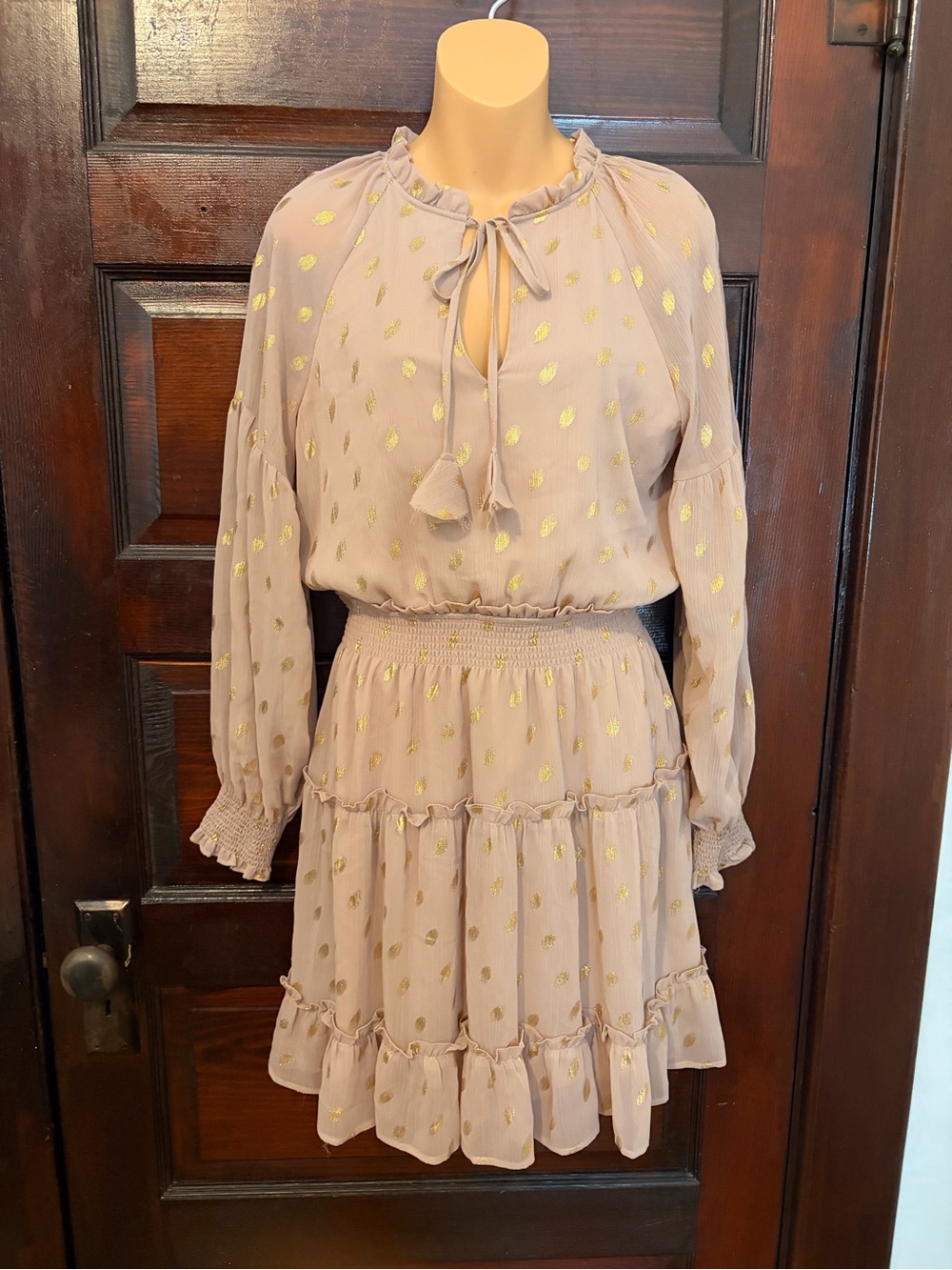 Blu Pepper Taupe Long-Sleeve Ruffle Mini Dress with Gold Foil